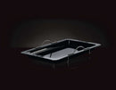 The Napoleon Grill Roasting Pan for Rogue and Freestyle Grills (56055) by Napoleon Grills, a rectangular black porcelain-coated pan with two silver handles, is shown on a dark surface against a black background.