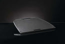 A black, rectangular hard plastic cargo cover with rounded edges and a handle, echoing the sleek look of the Napoleon Cast Iron Reversible Griddle for TravelQ 285 Series by Napoleon Grills, set on a dark background and reflective surface.