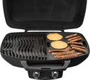 A Napoleon Grills Cast Iron Reversible Griddle (56080) for the TravelQ 285 Series sizzles with pancakes, sausage, and bacon on its flat-top, making it perfect for breakfast.