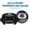 The Napoleon Grills TravelQ PRO285 Portable Gas Grill (PRO285-BK) is shown with two dials and a built-in ACCU-PROBE temperature gauge. Close-up highlights the lid gauge. Text: Accu-Probe Temperature Gauge for Precision Grilling.