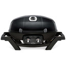 The Napoleon TravelQ PRO285 Portable Gas Grill (PRO285-BK) by Napoleon Grills is a black, compact grill with two control knobs and a lid-mounted temperature gauge, designed for convenient outdoor grilling.