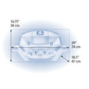 Front view of the Napoleon TravelQ PRO285 Portable Gas Grill (PRO285-BK) by Napoleon Grills, showing labeled dimensions: 29 in (74 cm) wide, 14.75 in (38 cm) high, and 18.5 in (47 cm) deep.
