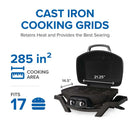 The Napoleon TravelQ PRO285 Portable Gas Grill (PRO285-BK) by Napoleon Grills is a compact black grill with two burners, 285 sq. inch cooking area, fits 17 burgers, and measures 14.5 x 21.25 in—ideal for outdoor adventures.