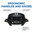 The Napoleon TravelQ PRO285 Portable Gas Grill (PRO285-BK) by Napoleon Grills is a black compact grill featuring an ergonomic handle for portability, a cast aluminum high top lid, and dual knobs to control each burner independently.