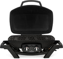 The Napoleon Grills TravelQ PRO285 Portable Gas Grill (PRO285-BK) features a sleek black design, wavy grill grates, two front control knobs, sturdy side handles, and a lid that opens for easy outdoor grilling.