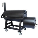 The Old Country BBQ Pits G2 24x48 Offset Smoker features a large, black barrel design, insulated firebox, chimney, handle, and wheels for mobility.