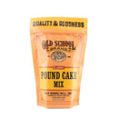 A yellow and orange stand-up pouch labeled Old School Brand Pound Cake Mix from Old School Brand, featuring promises of moist, old-fashioned cake and highlighting Quality & Goodness with Albemarle, North Carolina on the package.