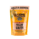 Old School Brand Stone Ground Yellow Grits come in orange and yellow packaging with a corn illustration and "Quality & Goodness" at the top, reflecting their authentic Southern tradition.