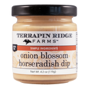Terrapin Ridge Farms Onion Blossom Horseradish Dip is a creamy, gluten-free steakhouse-inspired dip with simple ingredients. Net weight: 4.2 oz (119g). Comes in a jar with a black lid and cream-colored contents.