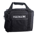 The Polar Bear 12 Pack Original Nylon Soft Cooler by Polar Bear Coolers features black insulation, a shoulder strap, sturdy handles, front zip pocket, and a signature logo patch with a white bear for both style and practicality.