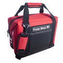 The Polar Bear Coolers 12 Pack Original Nylon Soft Cooler in red and black features a handle, shoulder strap, front pocket, and Polar Bear logo patch. This insulated bag is ideal for keeping drinks and snacks cold on the go.