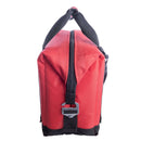 A red Polar Bear Coolers 12 Pack Original Nylon Soft Cooler with black handles, zipper, sturdy structure, plastic buckle at the bottom front, and shown upright from the side.