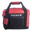 The Polar Bear Coolers 12 Pack Original Nylon Soft Cooler in red and black features a shoulder strap, carrying handles, front pocket, and logo patch. This insulated bag keeps drinks cold on the go.