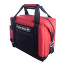 The Polar Bear Coolers 12 Pack Original Nylon Soft Cooler is shown in red and black with a zippered top, black handles, and a front pocket. This insulated bag keeps items cold—perfect for outings or as a 12 pack soft cooler.