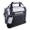 The Polar Bear Coolers 12 Pack Original Nylon Soft Cooler features black and gray fabric, insulated interior, top handle, adjustable shoulder strap, front zip pocket, and displays the Polar Bear logo with bear graphic on the front.