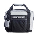 The Polar Bear 12 Pack Original Nylon Soft Cooler by Polar Bear Coolers has a gray top, black bottom and straps, a front zip pocket with logo patch, and an insulated design with a small polar bear graphic.