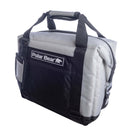 The Polar Bear Coolers 12 Pack Original Nylon Soft Cooler is gray and black with handles, a shoulder strap, front pocket, zippered main compartment, insulation, and the Polar Bear logo with bear icon on the front.