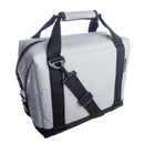 The Polar Bear 12 Pack Original Nylon Soft Cooler by Polar Bear Coolers is a light gray, rectangular insulated bag with black straps, a padded top handle, adjustable shoulder strap, and a secure clip for easy carrying.