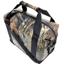The Polar Bear Coolers 12 Pack Original Nylon Soft Cooler features a camouflage pattern, black handles, and an adjustable shoulder strap. This insulated soft cooler is designed for outdoor use.