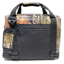 The Polar Bear 12 Pack Original Nylon Soft Cooler by Polar Bear Coolers is a rectangular, camouflage and black insulated bag with a zippered front pocket, adjustable shoulder strap, and top handle, shown against a white background.