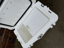 A Polar Bear Coolers Polar Bear 20 Hard Cooler with its lid open sits on concrete by a brick border. Its clean, unused interior suggests excellent ice retention for your next outing.