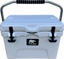 The Polar Bear 20 Hard Cooler by Polar Bear Coolers is a white hard cooler featuring a sturdy metal handle, two black front latches, and the brand’s polar bear logo—built for superior ice retention on all your adventures.