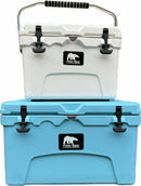 Two Polar Bear Coolers 20 Hard Coolers, one white and one light blue, are stacked. Both feature black latches, handles, the Polar Bear Coolers logo on the front, and are designed for superior ice retention.