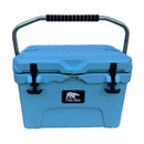 The Polar Bear Coolers Polar Bear 20 Hard Cooler is light blue with great ice retention, a durable black and silver top handle, two black front latches, and the Polar Bear Coolers logo on the front panel.