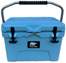 The Polar Bear 20 Hard Cooler by Polar Bear Coolers, in light blue, features a sturdy metal handle, black latches, and a front black logo with a white polar bear, delivering reliable ice retention for your adventures.