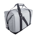The Polar Bear 24 Pack Original Nylon Soft Side Cooler by Polar Bear Coolers is a light gray, rectangular duffel bag with black straps and handles, shown angled on white. It features ice retention, a zippered top, and side buckle accents.