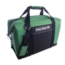 The Polar Bear 24 Pack Original Nylon Soft Side Cooler by Polar Bear Coolers features a green and black design, zippered top, front logo patch, carrying handles, and excellent ice retention—ideal for keeping up to 24 cans cold.