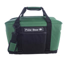 The Polar Bear 24 Pack Original Nylon Soft Side Cooler by Polar Bear Coolers features a green and black design, black handles, detachable shoulder strap, front zip pocket, and logo patch. This soft cooler delivers excellent ice retention for any adventure.