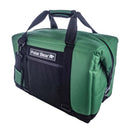 The Polar Bear 24 Pack Original Nylon Soft Side Cooler by Polar Bear Coolers is green and black with a zipper top, two handles, adjustable shoulder strap, front pocket, excellent ice retention, and a bear logo graphic on the front.