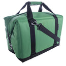 The Polar Bear 24 Pack Original Nylon Soft Side Cooler by Polar Bear Coolers is a green duffel bag with black straps, handles, and a detachable shoulder strap. It features a top zipper closure and keeps your 24-pack cold with excellent ice retention.