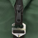 Close-up of the Polar Bear 24 Pack Original Nylon Soft Side Cooler by Polar Bear Coolers, featuring a green body, black zipper, built-in silver metal bottle opener on the zipper pull, and designed for superior ice retention.