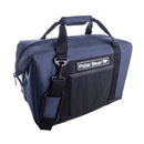 The Polar Bear Coolers 24 Pack Original Nylon Soft Side Cooler in navy blue and black features a padded handle, adjustable shoulder strap, front pocket, and excellent ice retention—ideal for keeping drinks cool on any adventure.