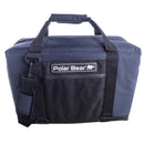 The Polar Bear Coolers 24 Pack Original Nylon Soft Side Cooler in navy blue and black features a logo patch, adjustable shoulder strap, two handles, zippered front pocket, and excellent ice retention—ideal for adventures.