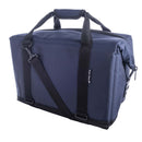 The Polar Bear 24 Pack Original Nylon Soft Side Cooler by Polar Bear Coolers features a navy blue design, black straps, zippered top, reinforced corners, and excellent ice retention, shown against a white background.
