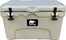 The beige Polar Bear Coolers Polar Bear 45 Hard Cooler features black latches, a white polar bear logo on the front, and delivers rugged durability with extended ice retention for outdoor adventures.