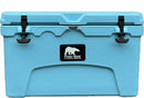 The Polar Bear 45 Hard Cooler by Polar Bear Coolers is large, light blue, with black latches and a white polar bear logo. Its rugged design ensures extended ice retention for outdoor adventures.