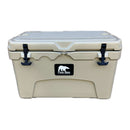 The Polar Bear 45 Hard Cooler by Polar Bear Coolers features a beige body, white lid, black latches, and a polar bear silhouette logo. This rugged rectangular cooler offers heavy-duty performance and extended ice retention for outdoor adventures.