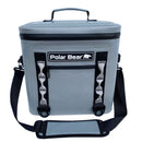 The Polar Bear Coolers Topper 20 Cooler Bag is gray, waterproof, and has a black shoulder strap, top handle, front zipper pocket, two white strap loops on the front, the Polar Bear logo, and ensures maximum ice retention.