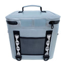 The Polar Bear Topper 20 Cooler Bag by Polar Bear Coolers is a light gray, leakproof bag with a black zipper, black handle, front mesh pocket, and white/black adjustable straps, designed for maximum ice retention. Set against a white background.