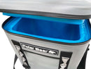 A close-up of an open gray Polar Bear Coolers Topper 20 Cooler Bag reveals its bright blue insulated interior and partially lifted lid. The front features a black and white Polar Bear logo, designed for maximum ice retention.