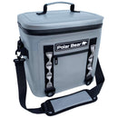 The Polar Bear Topper 20 Cooler Bag by Polar Bear Coolers is a gray, leakproof bag with a black handle, front zip pocket, black and white logo, adjustable shoulder strap, side loops, and maximum ice retention for adventures.