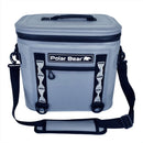 The Polar Bear Coolers Topper 30 Floating Soft Cooler is gray with a black shoulder strap, front zipper pocket, white logo patch, beige and black accents, two side strap clips, and keeps ice for 48 hours.