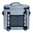 The Polar Bear Topper 30 Floating Soft Cooler by Polar Bear Coolers is a grey, waterproof bag with 48-hour ice retention, top handle, black trim, mesh front pocket, and adjustable side straps with buckles—all shown on a white background.
