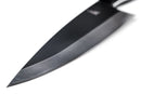 Close-up of the sharp 1095 high-carbon steel blade on the Folded Steel Primrose 8 Inch Chef Knife, shown on a white background—ideal for outdoor cooking enthusiasts.