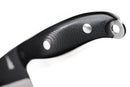 Close-up of the Folded Steel Primrose 8 Inch Chef Knife's black handle with two rivets and a hanging hole, crafted for outdoor cooking. Features a 1095 high-carbon steel blade and is set against a white background.