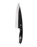 The Folded Steel Primrose 8 Inch Chef Knife features a black handle and 1095 high-carbon steel blade with a dark coating on most of the blade, except the sharpened edge. Ideal for outdoor cooking, shown from above against a white background.